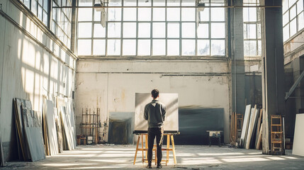 Artist painting alone in a massive empty warehouse, natural light streaming through windows