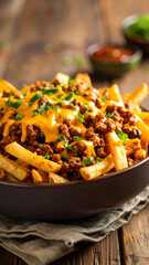 A delicious bowl of loaded fries topped with cheese, ground beef, and fresh herbs, perfect for snacks or meals.