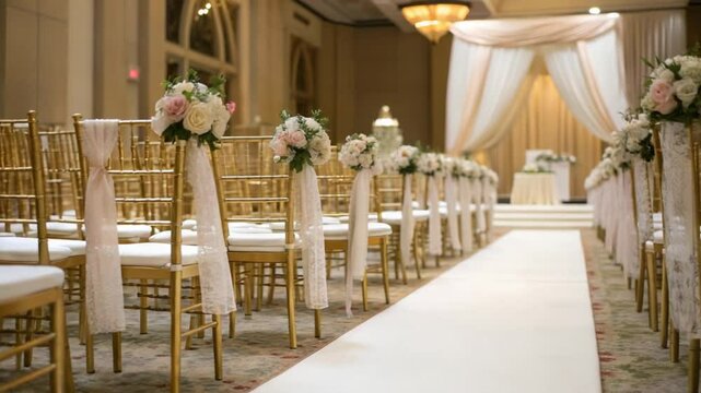 wedding ceremony setup gold chiavari chairs white cushions floral aisle video