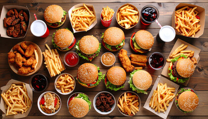 A delicious spread of burgers, fries, and drinks, perfect for any fast-food feast or gathering.