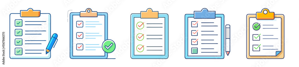 Aufkleber collection of checklists and forms with various checkmarks and task completion
