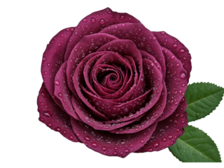 Macro view of a deep pink rose with water droplets on its petals isolated on transparent background