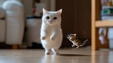 White cat playing with a mouse