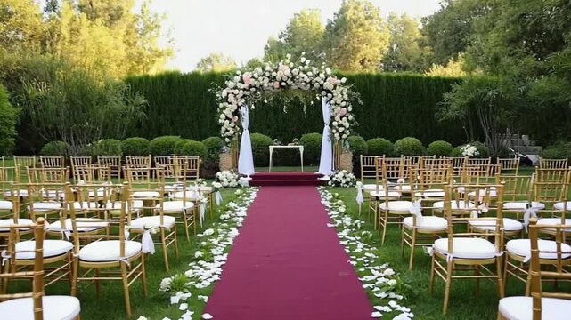wedding ceremony setup gold chiavari chairs white cushions floral aisle video