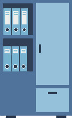 Office filing cabinet with blue binders and storage drawer in flat vector style 