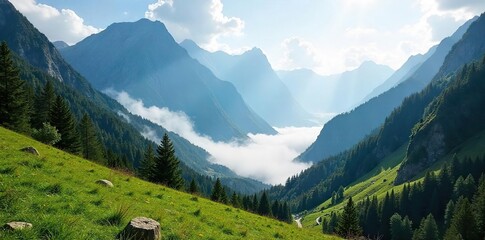 Majestic Alpine Mountain Pass Shrouded in Mist Breathtaking Sunlit Scenery, Perfect for Travel and Nature Projects