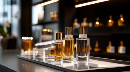 luxury skincare packaging display, golden caps and crystal bottles