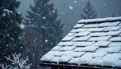 Pristine Winter Snowfall Blankets Dark Grey Slate Rooftop, Capturing the Stark Beauty of a Cold Winter Landscape