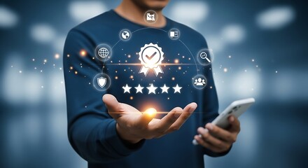Glistening guarantee emblem a confident man cradles glowing five stars shimmering virtual icons adorn holding phone in