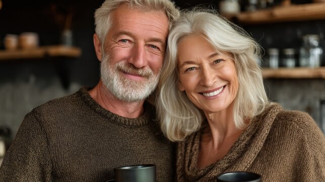 Loving couple standing close together in kitchen with coffee mugs, joy and calm in their expressions, space on right for text