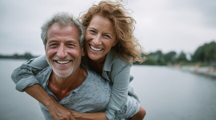 Fototapeta premium Outdoor lifestyle of an active elderly couple, man giving woman a piggyback ride near a lake, both smiling, space on right for text