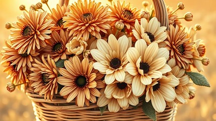 An impressionist painting of a basket of flowers bathed in warm golden light. The colors are dominated by browns and creams, with a focus on capturing the nuances of light and shadow.