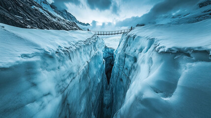 Crevasse in glacier with visible depth and rope bridge above