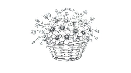 A graceful, elegant hand-drawn sketch of a basket filled with flowers.  The sketch uses refined features, rough lines, textured pencil strokes, and a stark white background