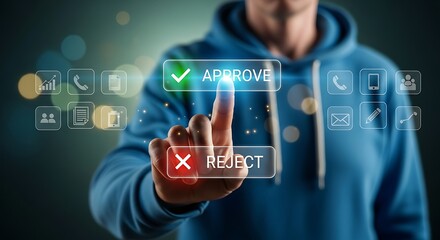 Pressing Choices A blue clad figure makes a digital decision on a screen glowing with neon icons with Approve and Reject