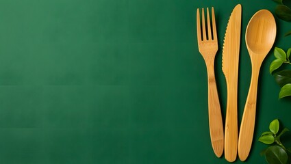 Eco friendly wooden cutlery set on green background fork knife spoon zero waste sustainable living