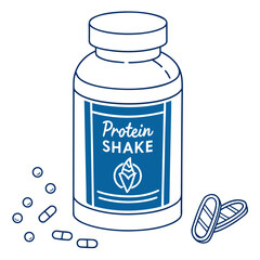 Blue protein shake bottle with pills supplement fitness