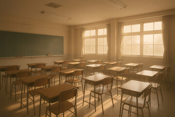 Empty school classroom with wooden desks and chalkboard in warm sunset light peaceful learning space with nostalgic atmosphere