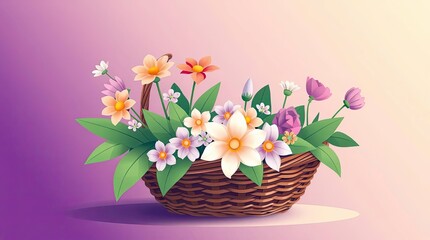 A modern flat design illustration showcasing a basket filled with flowers, utilizing smooth gradient transitions, simple two-dimensional shapes, and seamless color blending