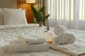 High Quality Picture of Set of Hotel Amenities on Bed in Room