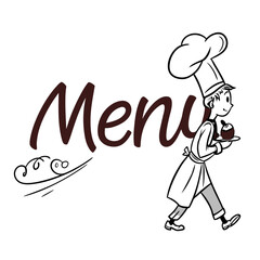 Chef carrying dessert with menu text cook food