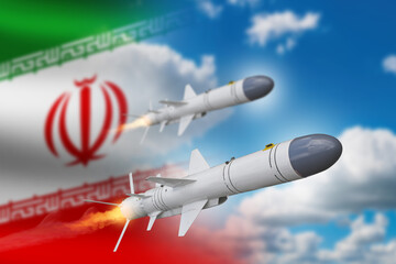 Military rockets with iran flag. Air defense warheads fly in sky. Rockets launched by iran army....