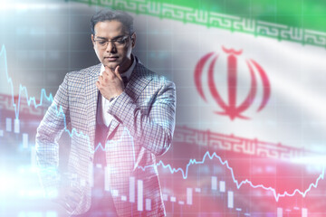 Iranian man investor thought. Guy is at least financier near financial chart. Investor from Iran. Man financial analyst scratches chin. Concept fall of economy of Iran republic.