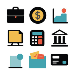 Business and finance icons representing various activities in a modern workspace, showcasing tools and concepts related to work and money