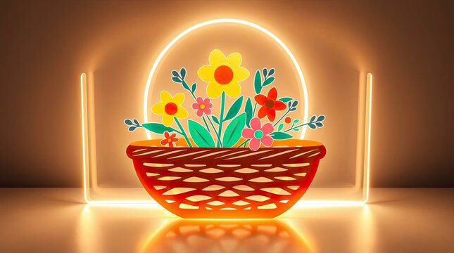 A modern, flat-design light art piece depicting a basket of flowers using simple, two-dimensional shapes, artistic lighting, and abstract patterns