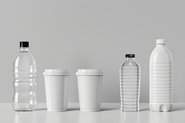 Pixel Perfect Image of Realistic Plastic Bottles and Cups Mockup Illustration