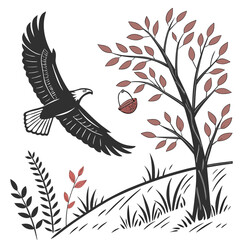 Eagle flying near tree with basket bird branches