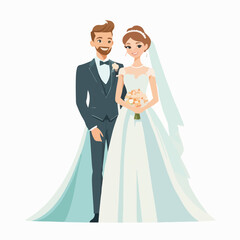 a bride and groom standing side by side, smiling