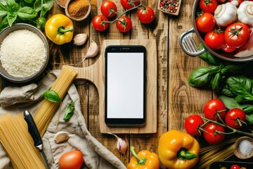 Smartphone Mockup with Italian Food Ingredients for Cooking Recipes App Concept on Wooden Table