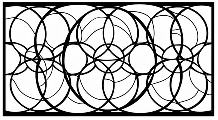 bold thick black line art of multiple large interconnected circles arranged evenly within a rectangular frame, circle sized to hold a planet inside, all lines continuous and connected no floating part