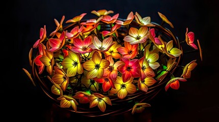 A basket filled with bioluminescent flowers, illuminated in pastel colors, displays brilliant light, antique patina and natural light effects.