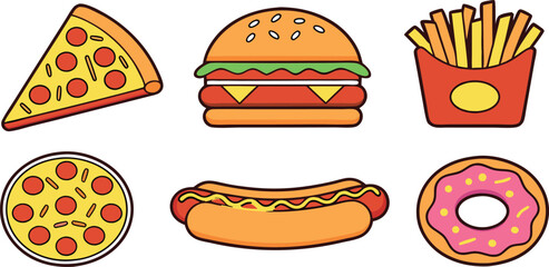 Colorful Cartoon Fast Food Vector Collection Featuring Pizza Burger Fries Hotdog and a Donut Graphic