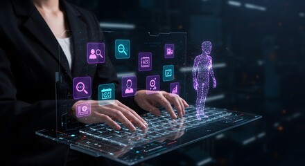 Futuristic Data Analysis: Woman's Hands Typing on Holographic Interface with Biometric Data Overlay