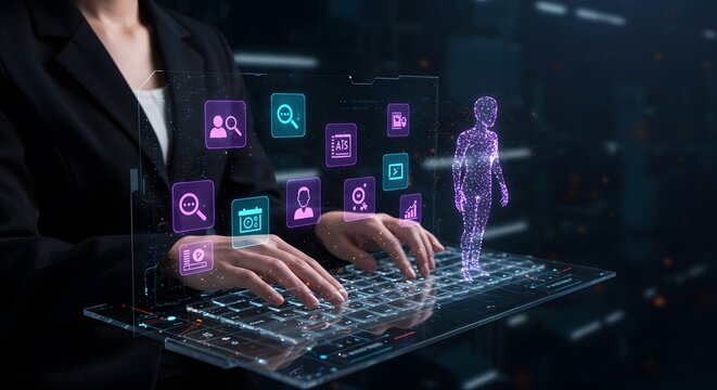 Futuristic Data Analysis: Woman's Hands Typing on Holographic Interface with Biometric Data Overlay - Powered by Adobe