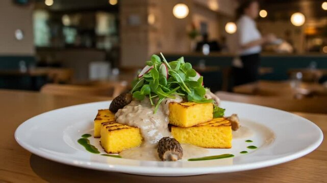 Gourmet risotto with morel mushrooms and polenta cubes in restaurant