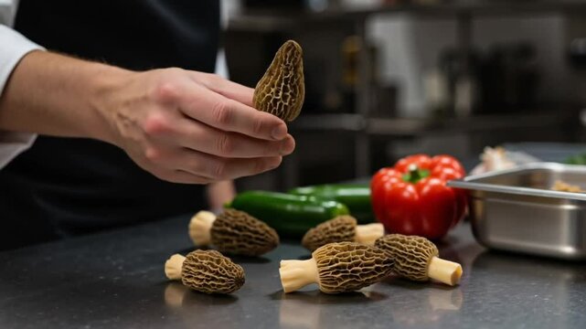Chef selecting fresh morel mushrooms in professional kitchen