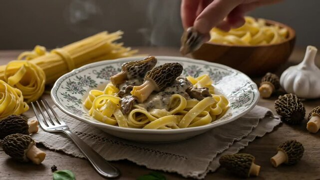 Pasta with morel mushrooms on plate with rustic table setting