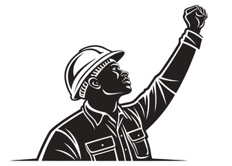 Black and White Illustration of a Construction Worker with Raised Fist in Solidarity and Empowerment