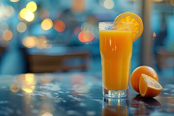 Detailed Visual  of Vibrant Lifestyle Glass of Orange Juice on Table