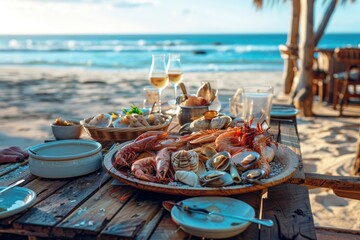 Pixel Perfect Picture of Delicious Seafood Platter on a Wooden Table at the Beach
