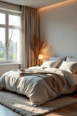 Serene Bedroom Soft Lighting, Plush Textiles Create a Peaceful and Comforting Atmosphere Ideal for Relaxation and Tranquility