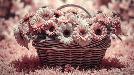 A surreal infrared image of a cute and adorable basket of flowers, showcasing infrared tones and an otherworldly appearance. High contrast, low key lighting, and deep shadows create a dramatic effect