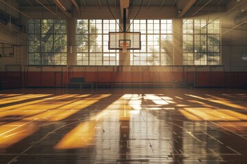 Ultra Quality Picture of Sunlit Basketball Court in Gym with Bright Light