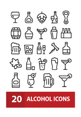 Alcohol Icon Collection: A comprehensive set of vector icons showcases various alcoholic beverages and bar essentials, offering a clean and modern design suitable for a variety of applications. 