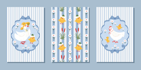 A set of modern flat vintage templates for posters, flyers, postcards, and a seamless drawing with a funny goose, chicken, goslings, chickens, and flowers. Vector design .