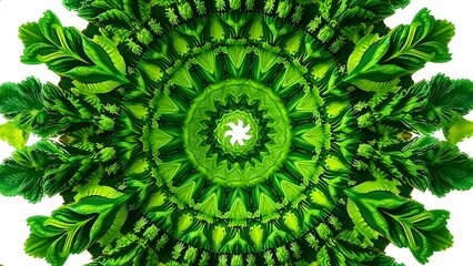 Whirlpool of emerald-green vegetables consuming fat cells in kaleidoscopic pattern.